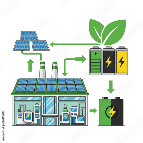 Renewable energy factory generating power from solar panels and storing it in batteries for a sustainable future