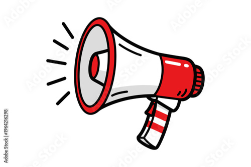 A vibrant red and white cartoon megaphone with sound waves emanating, symbolizing announcement and communication.