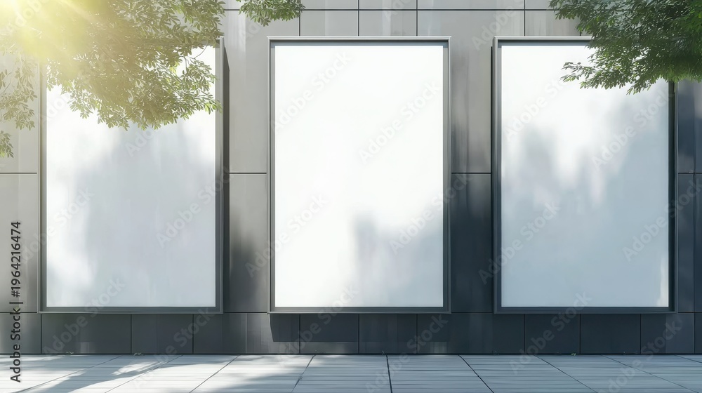 Fototapeta premium Two blank whiteboard billboards standing side by side outdoors, front view, with space for text or graphics, suitable for use in marketing materials, real estate ads, or event promotions.