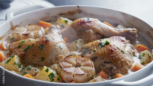 Steaming Chicken Casserole With Potatoes, Carrots, and Garlic in a White Dish