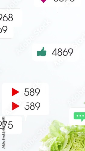 Vertical video: Icons coming and drifting, piling around lettuce to show social buzz on board