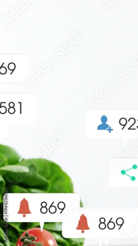 Vertical video: White fading, lettuce appearing, tomato rising, badges floating, showing likes