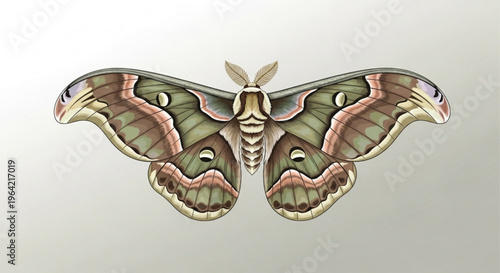 Large colorful moth with green and pink wings spread wide on white background