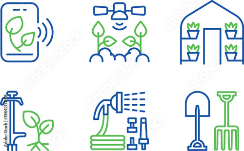 Modern agricultural technology and traditional gardening tools illustration
