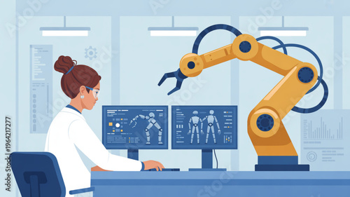 Female scientist working with robotic arm and computer screens in laboratory setting with futuristic equipment