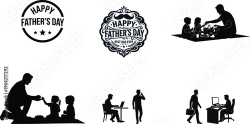 Father’s Day silhouette set with dad and children bonding scenes, office work activities and typography badges vector collection isolated on white background