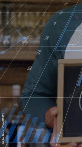 Vertical video: Barista moving board, showing cafe menu while HUD charts covering him and espresso