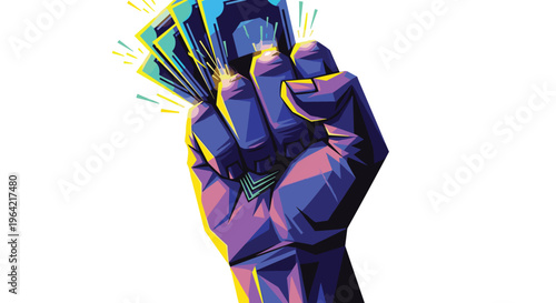 A dynamically rendered, low-polygon fist, primarily in shades of purple and blue, is clenched and angled slightly upward, firmly grasping a fanned bundle of glowing banknotes.