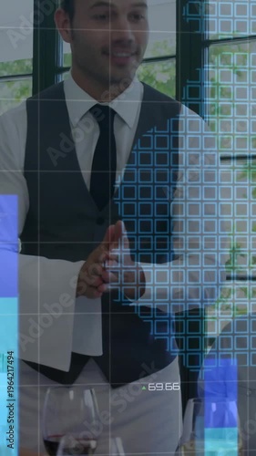 Vertical video: Server placing plates and showing dishes in restaurant, causing blue chart overlay