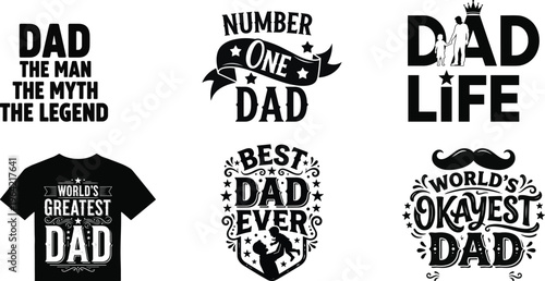 Father’s Day typography t shirt design set with dad quotes, number one dad, best dad ever lettering vector collection isolated on white background