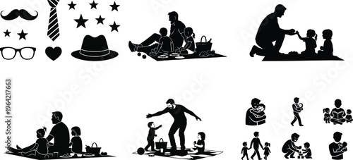 Father and children silhouette set with dad icons, family picnic, parenting, playing and bonding activities vector collection isolated on white background