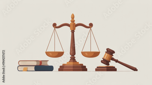 Justice scale and gavel with legal books on desk in courtroom setting for law and order
