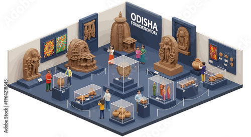 Isometric illustration of Odisha Foundation Day celebration with people interacting around cultural exhibits and sculptures in a festival setting.