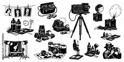 Vintage photography studio and darkroom equipment black silhouettes vector set. Retro cameras, enlarger, developer chemicals, and studio lighting icons