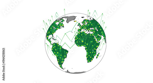 A minimalist grey and green globe displays a network of glowing green dots connected by lines with numerous green upward-pointing arrows emerging from its surface on a white background.