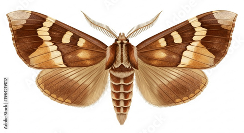Brown and beige moth with distinctive wing patterns on white background insect illustration