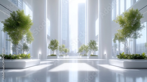Modern atrium, city view, plants, sunlight, lobby