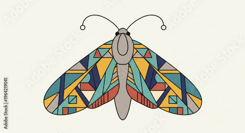 Vibrant moth with geometric patterned wings spread wide on light background