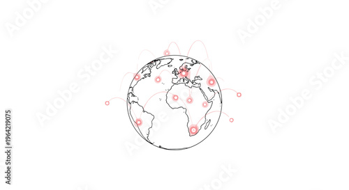 A minimalist outlined globe with grey landmasses features various glowing yellow and red nodes connected by faint arcing lines, concentrated over Europe and Africa on a pristine white background.