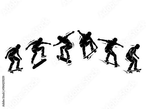 Skateboarder doing extreme sport jump trick action sequence silhouettes isolated on white background vector design
