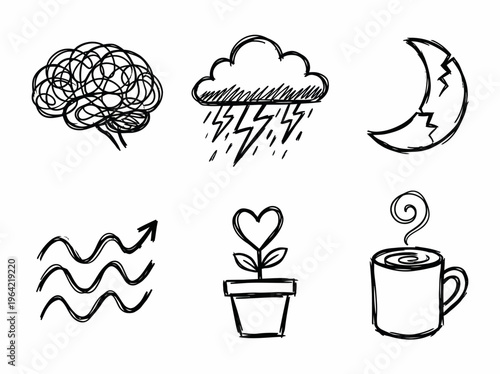 Hand drawn sketch doodle icon set for mental health business and lifestyle vector graphic design