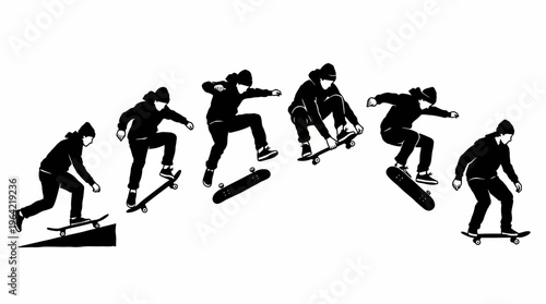 Active young skateboarder jumping silhouettes showing extreme urban sport trick isolated on white vector background.