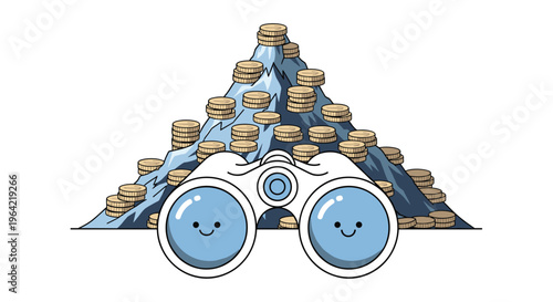 A pair of white and blue cartoon-style binoculars with smiling faces is positioned in front of a snow-capped mountain made of stacked golden coins with blue icy textures on a plain white background.