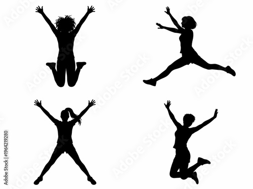 Set of happy jumping women silhouettes celebrating success and freedom isolated on white background vector