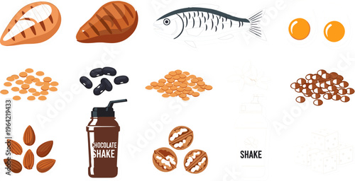 Protein Rich Food Collection Featuring Fish, Eggs, Nuts, Legumes, and Supplements