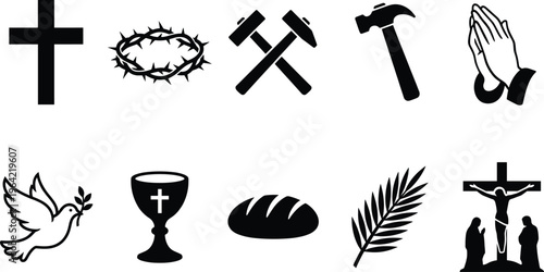 Christian symbols set, cross crown thorns hammer nails praying hands dove bread palm crucifix icons, religious vector collection illustration design