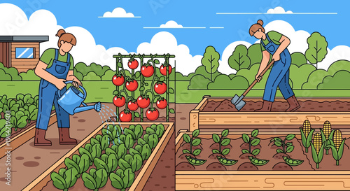 Two people tending to a vibrant vegetable garden with ripe tomatoes and leafy greens.