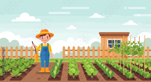 Cartoon farmer standing in a lush green garden holding a trowel.