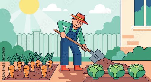 Farmer digging in a garden with carrots and cabbages.