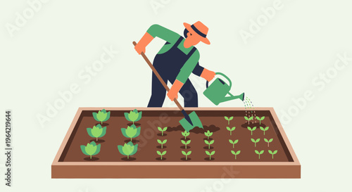 Farmer tending to a raised garden bed with young plants.