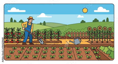 Farmer tending to crops in a vibrant garden setting.