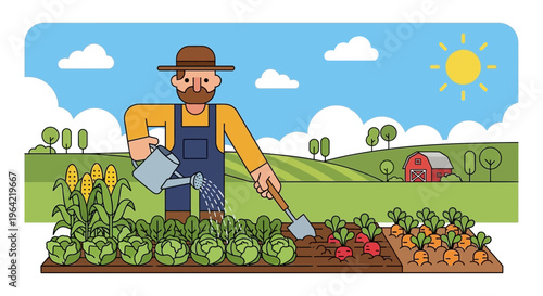 Farmer tending to crops in a garden.