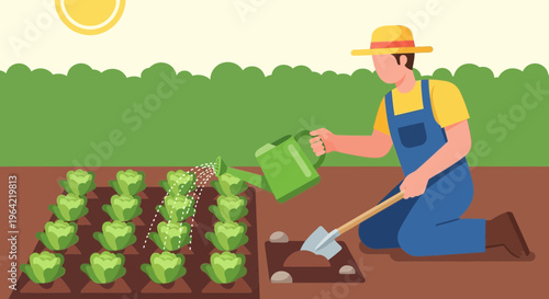 Farmer watering plants in a garden with a shovel 2.