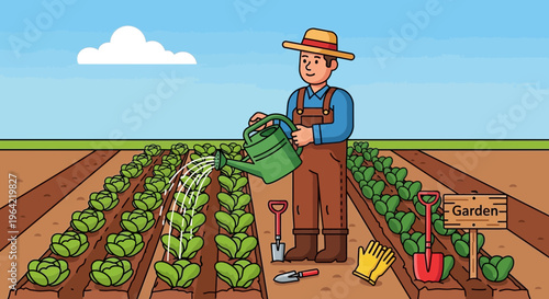Farmer watering plants in a garden with a watering can 1.