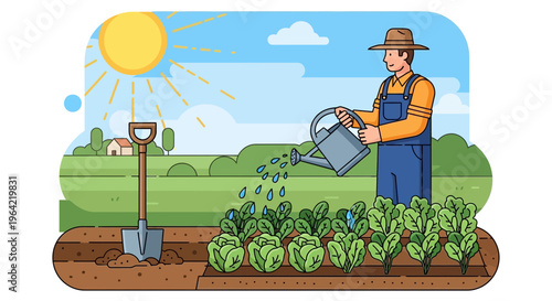 Farmer watering plants in a garden with a watering can 3.