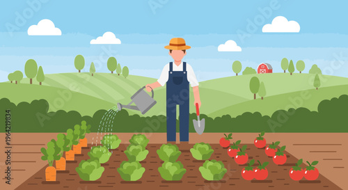 Farmer watering plants in a garden with a watering can 2.