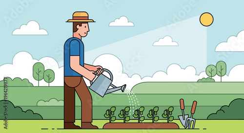 Farmer watering plants in a garden with a watering can.