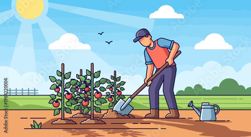 Gardener tending to tomato plants with shovel.