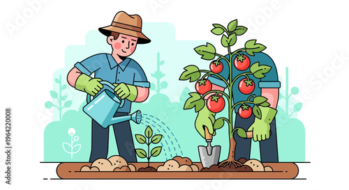 Gardener watering plants and tending to tomato plant.