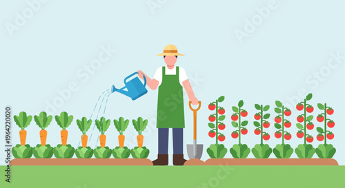 Gardener watering plants in a vegetable garden 1.