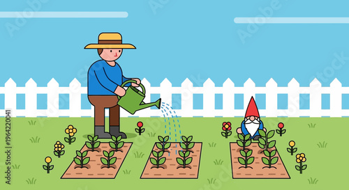 Gardener watering plants with gnome friend watching.