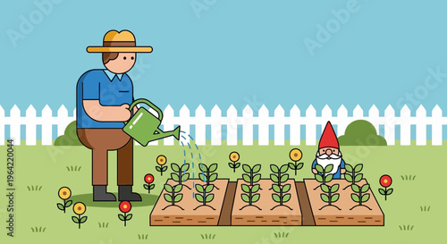 Gardener watering plants with gnome watching.