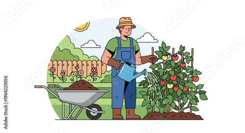 Gardener watering tomato plants in a lush garden setting.