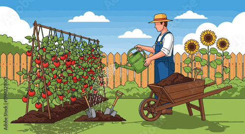 Gardener watering tomato plants with a wheelbarrow nearby.