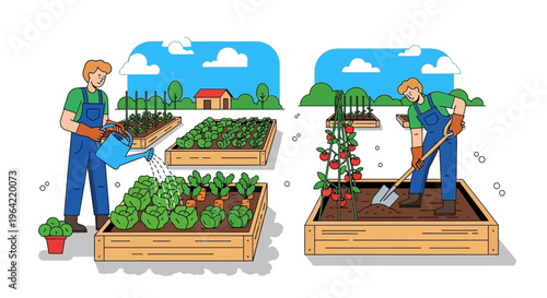 Gardeners tending to raised garden beds with fresh produce.