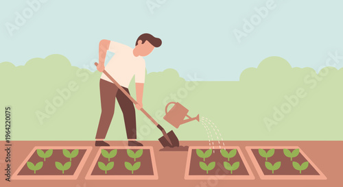Man Digging Soil in Garden with Plants.